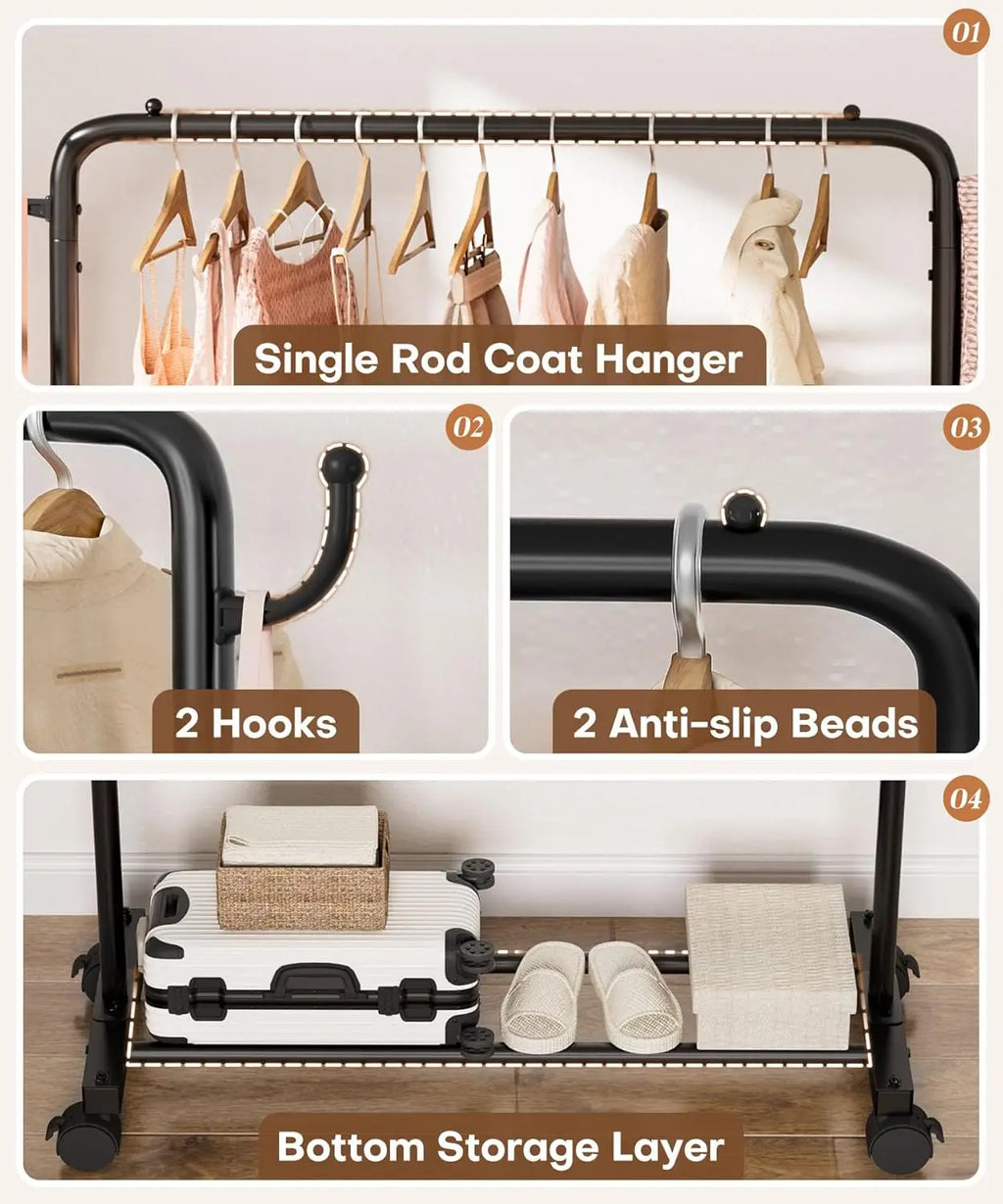 Portable Rolling Clothes Rack with Hooks: Garment Storage for Bedroom, Laundry Room