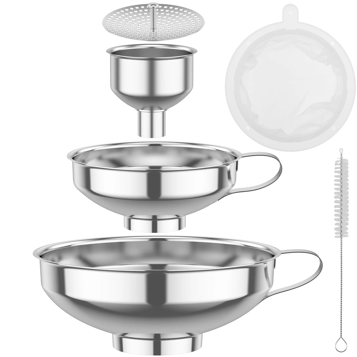 3/6 Pcs Stainless Steel Wide Mouth Funnel with Strainer and Handle
