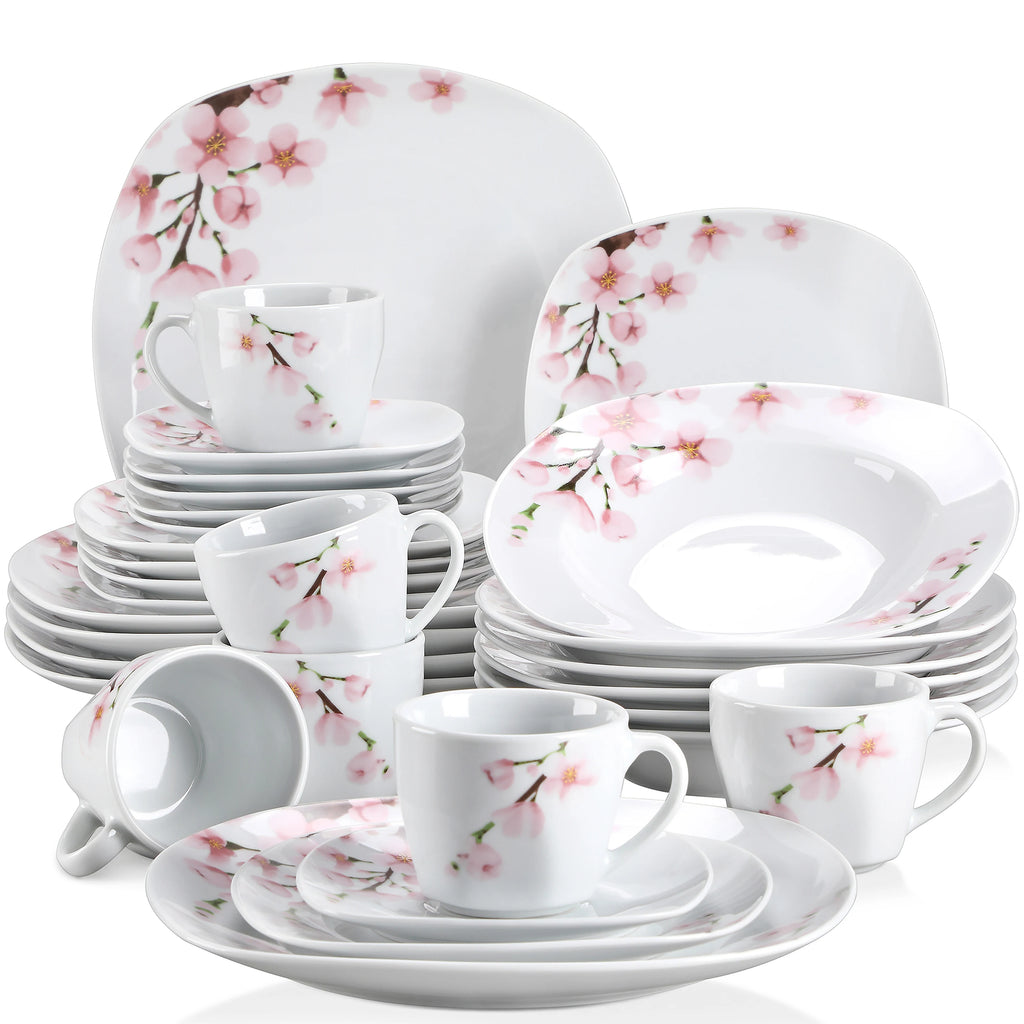VEWEET ANNIE 30/24/20 Pcs Porcelain Dinnerware Set Pink Floral with Dinner Plate/Dessert/Soup/Cup/Saucer