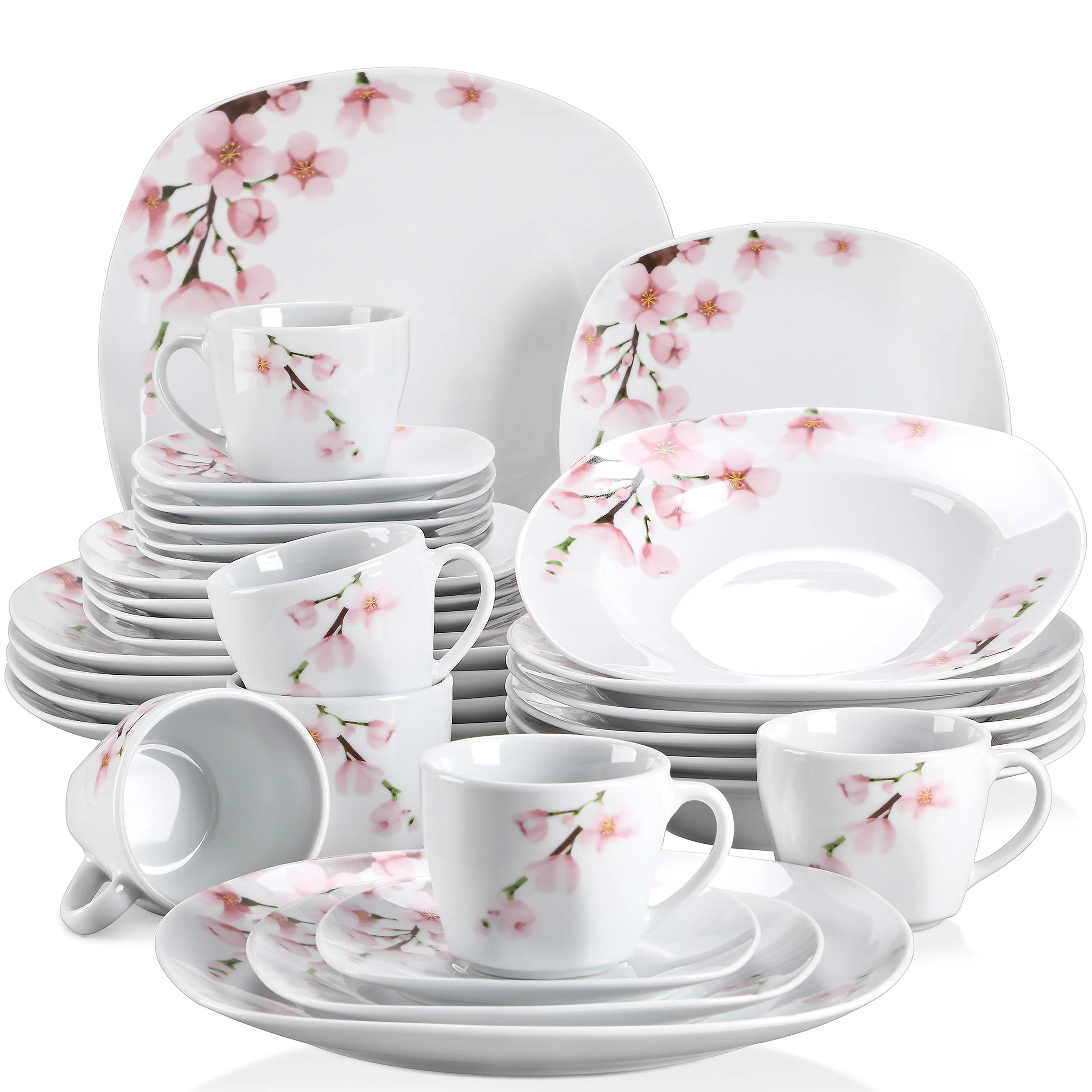 VEWEET ANNIE 30/24/20 Pcs Porcelain Dinnerware Set Pink Floral with Dinner Plate/Dessert/Soup/Cup/Saucer