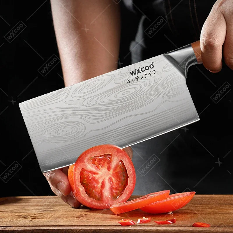 WXCOO Stainless Steel Chef Knife Laser Damascus Pattern Slicing Scissors Cleaver Fruit Knife Holder Household Kitchen Knife