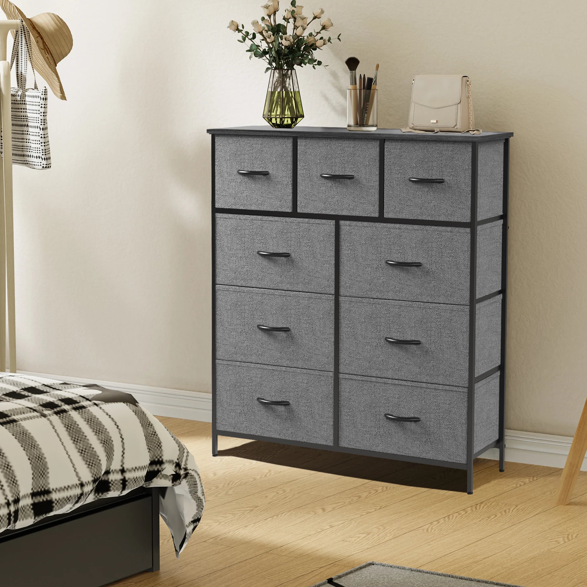 JHK Dresser For Bedroom With 9 Fabric Storage Drawer  Tall Chest Organizer