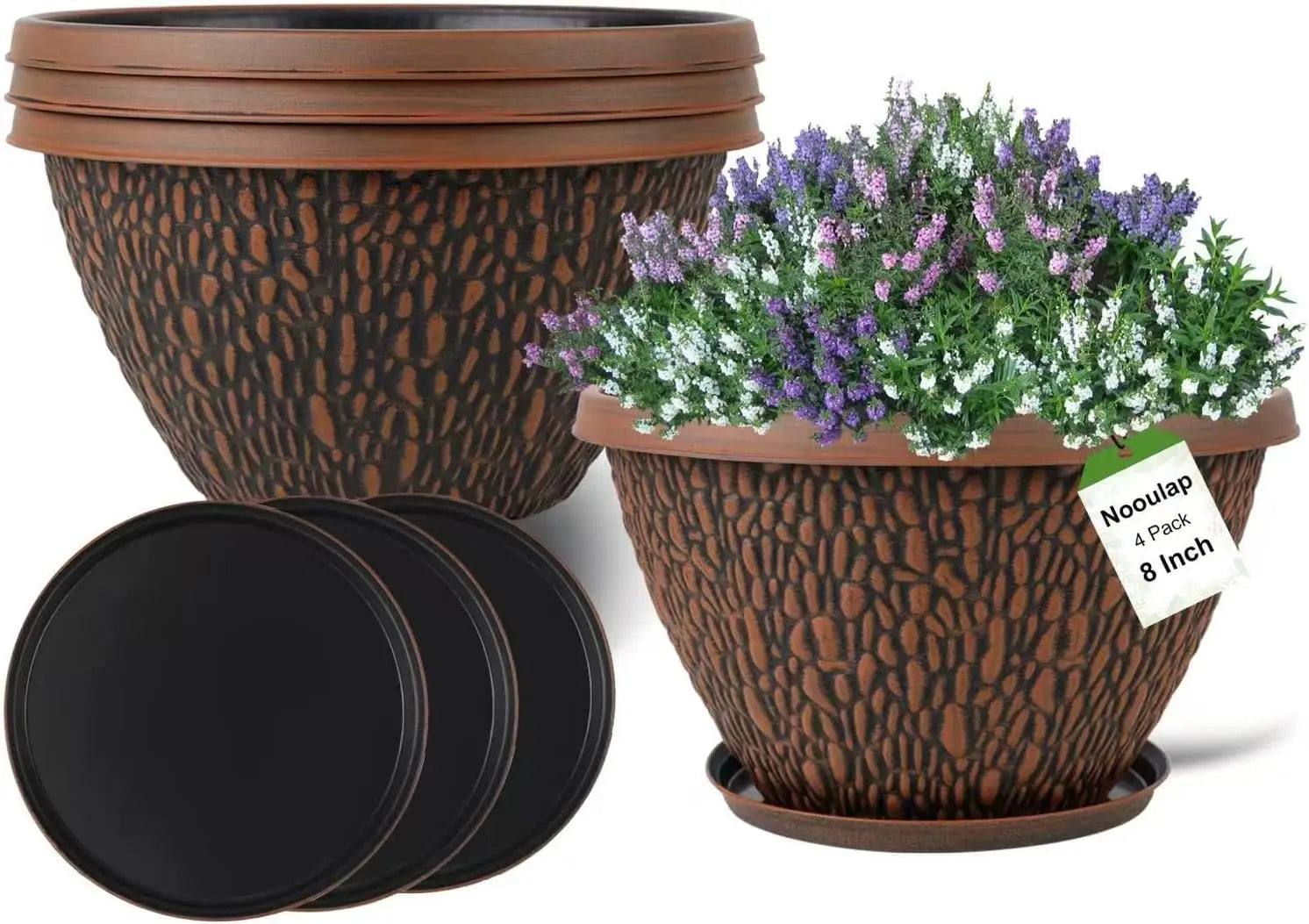 4 Pack 8 Inch Plant Pots with Drainage Holes & Trays,