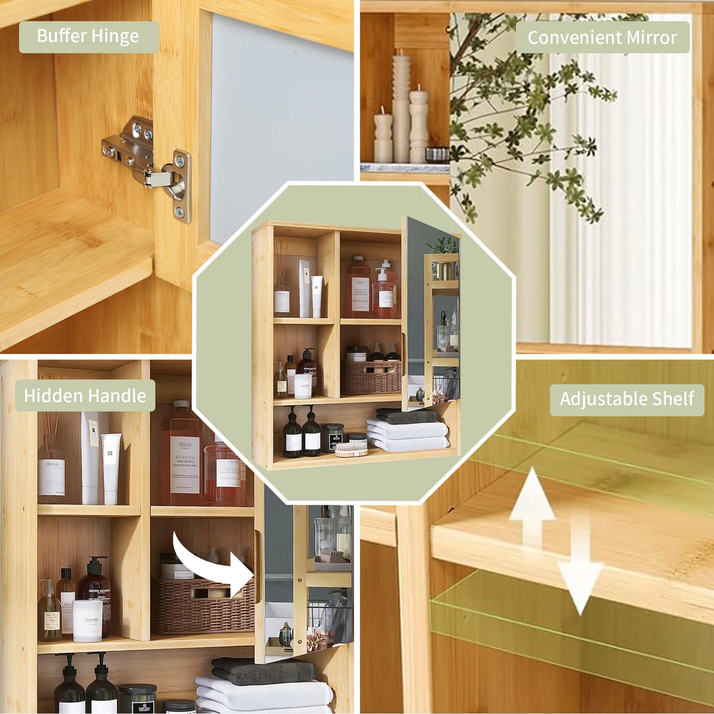 Wall Medicine Cabinet  Natural Bamboo Bathroom Vanity Mirror 5 Open Storage Shelf