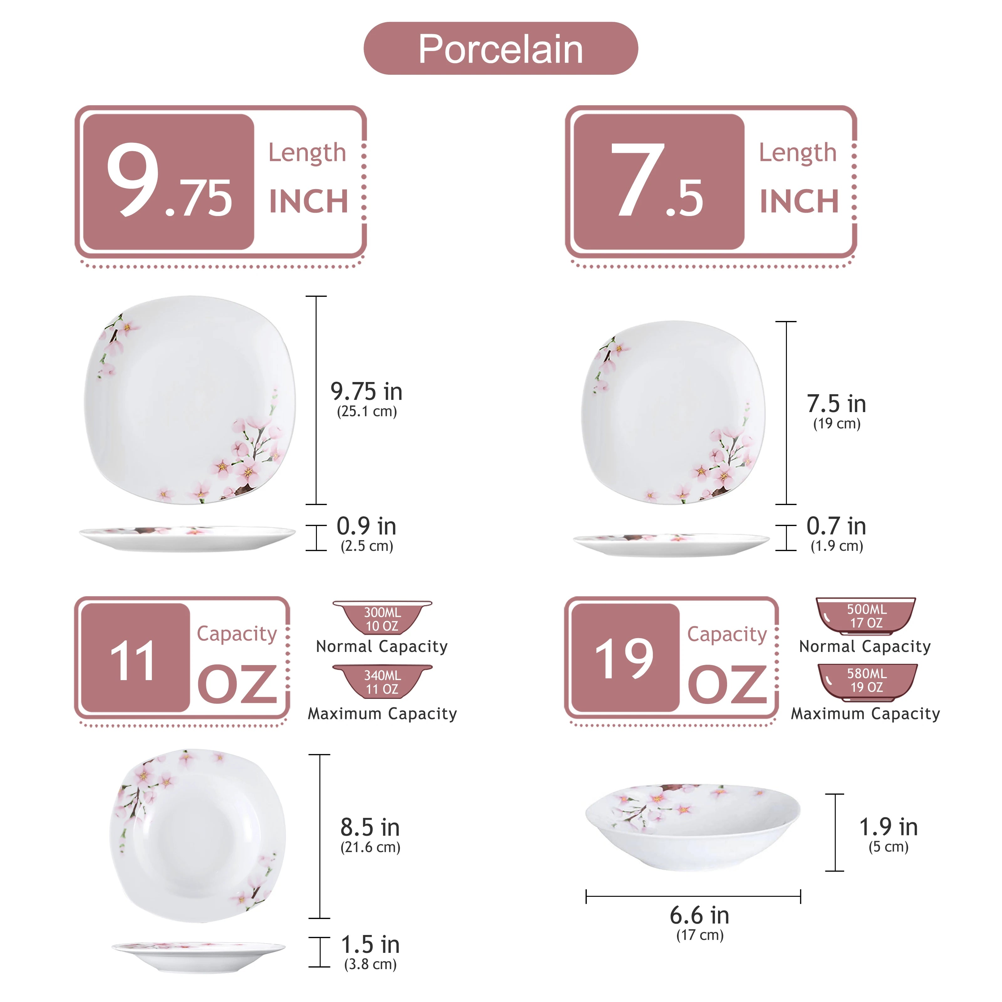 VEWEET ANNIE 30/24/20 Pcs Porcelain Dinnerware Set Pink Floral with Dinner Plate/Dessert/Soup/Cup/Saucer