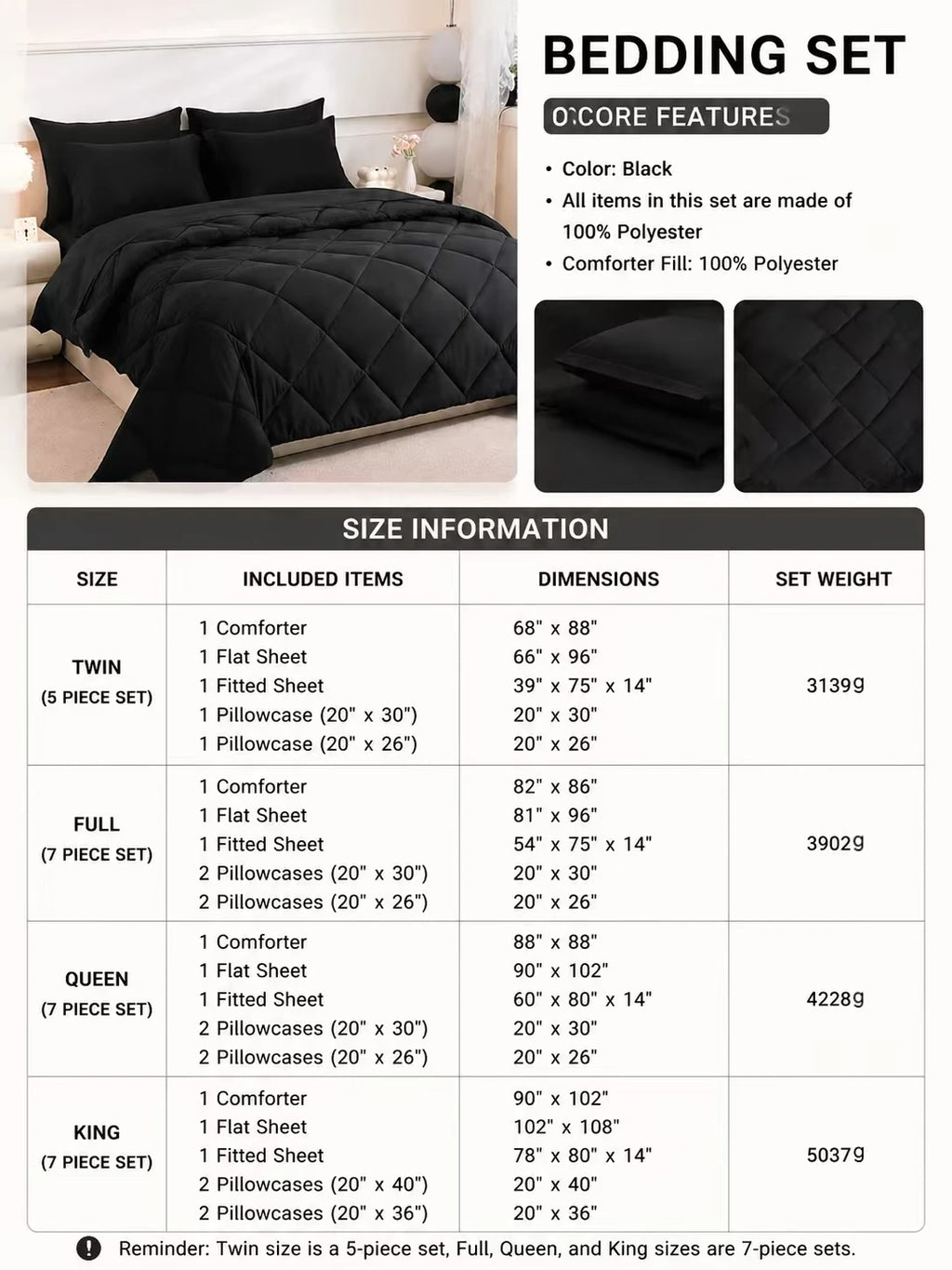 5pcs/7pcs Twin Full Queen King Bedding Sets Home Decor Comforter Flat Sheet Fitted Sheet Pillowcases Sleeping Sets