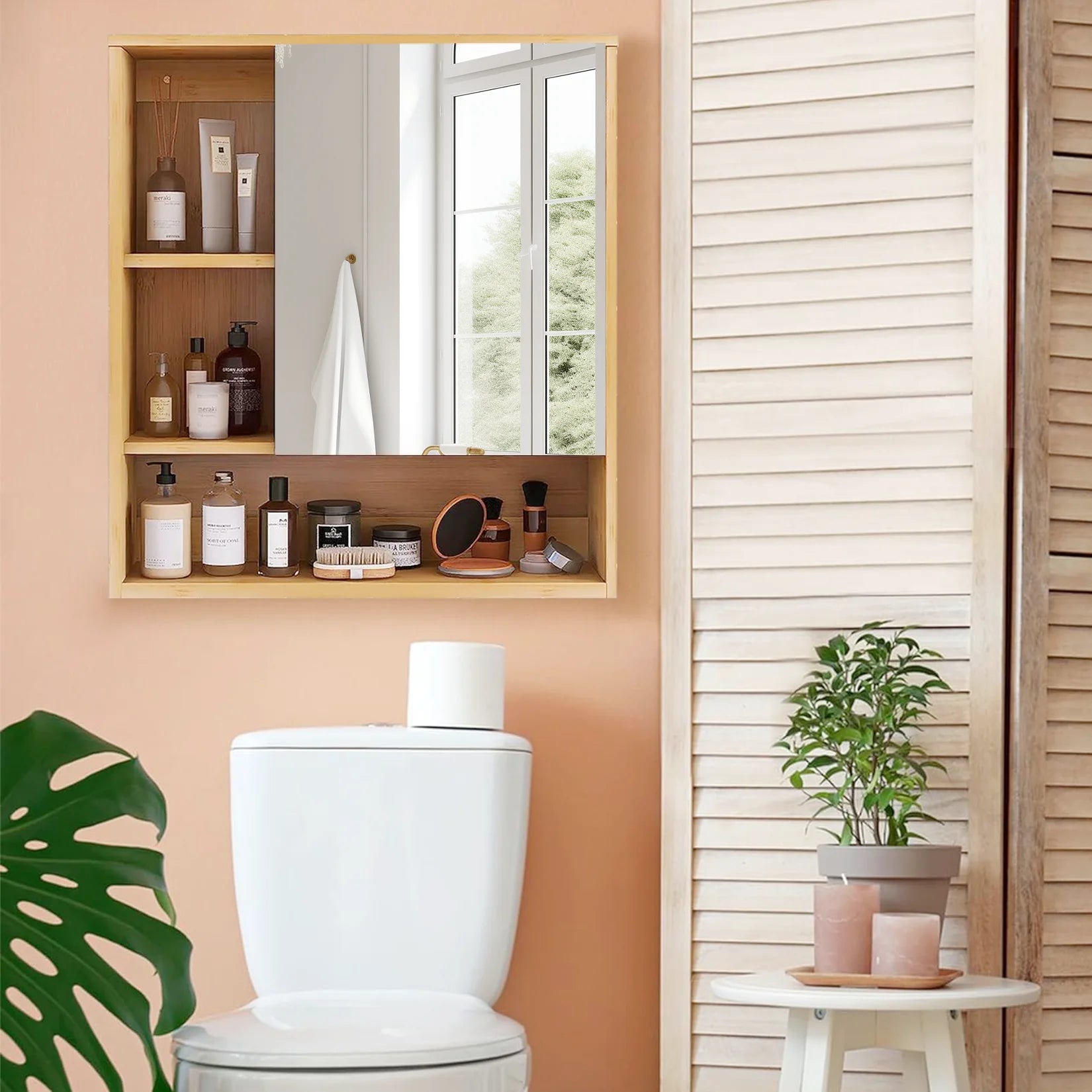 Wall Medicine Cabinet  Natural Bamboo Bathroom Vanity Mirror 5 Open Storage Shelf