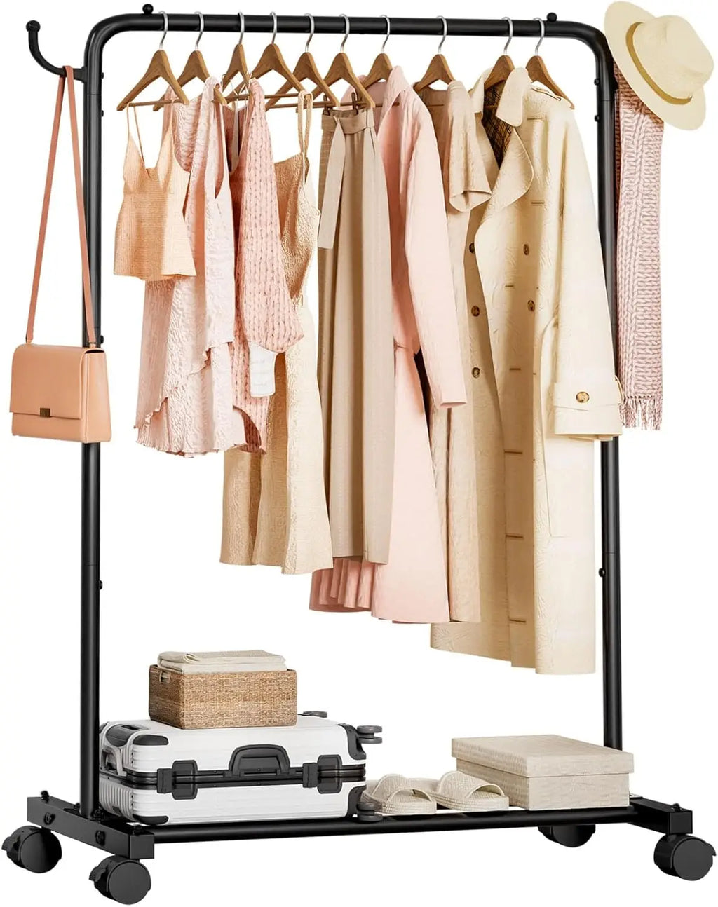 Portable Rolling Clothes Rack with Hooks: Garment Storage for Bedroom, Laundry Room