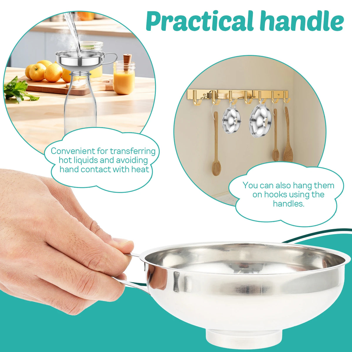 3/6 Pcs Stainless Steel Wide Mouth Funnel with Strainer and Handle