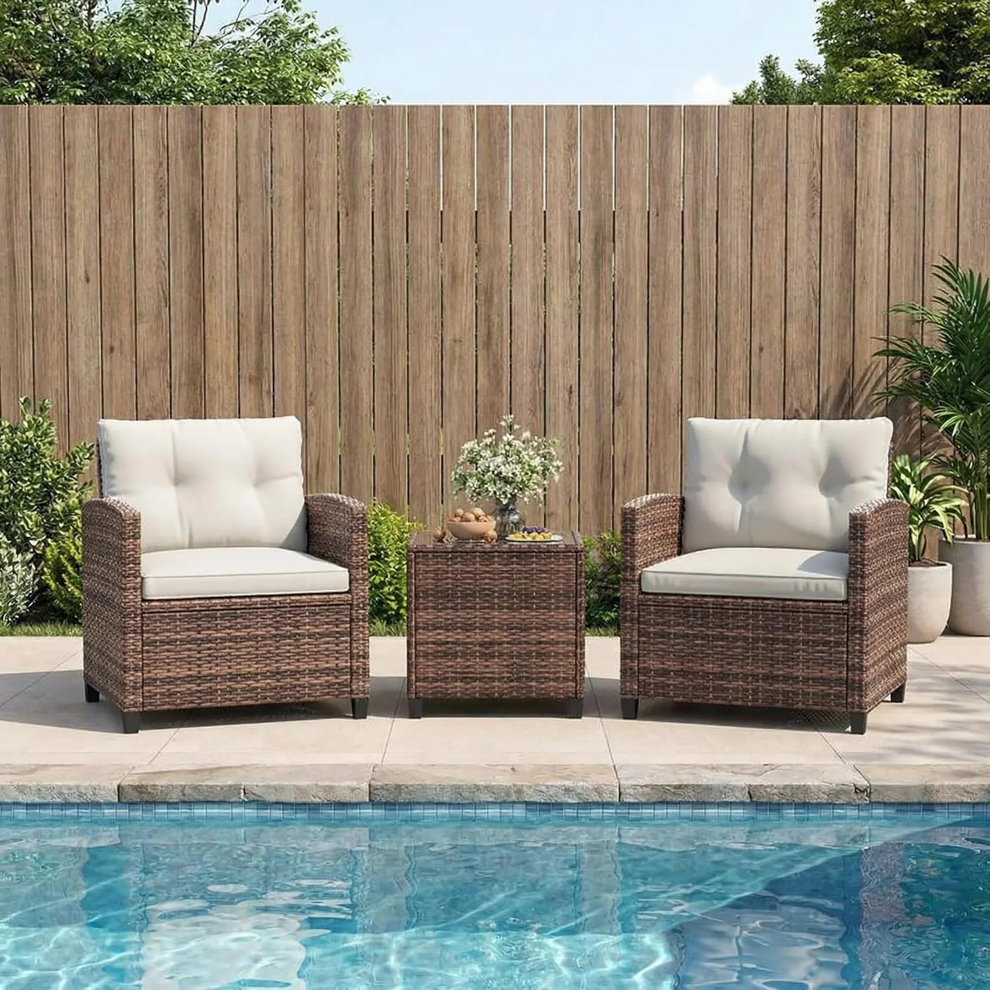Outdoor Bistro Set 3-Piece Wicker Patio Furniture Rattan Seating With Coffee Table
