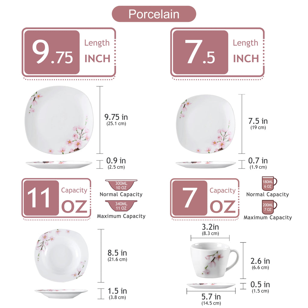 VEWEET ANNIE 30/24/20 Pcs Porcelain Dinnerware Set Pink Floral with Dinner Plate/Dessert/Soup/Cup/Saucer