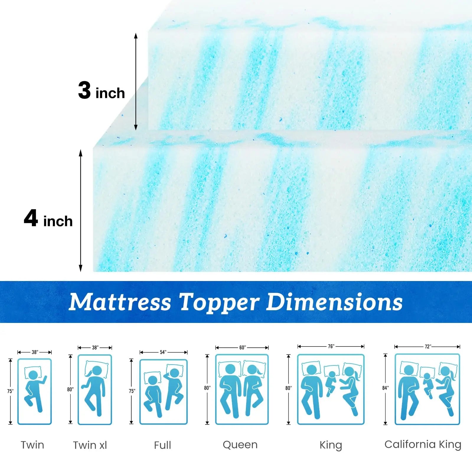 JHK 2-4 Inch Memory Foam Soft Mattress Topper Thick Gel Cooling Mattress Soft and Breathable Bed Topper