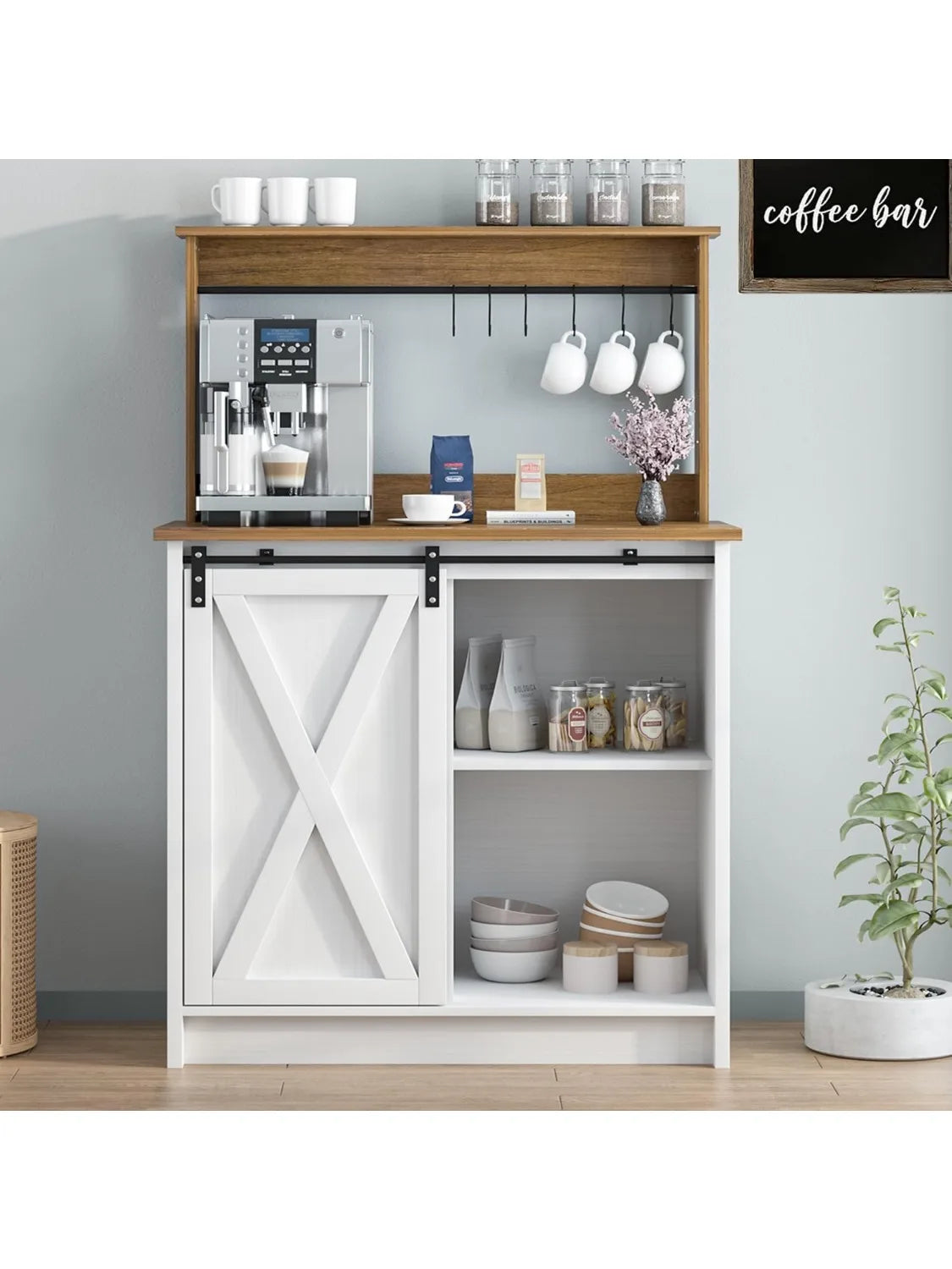 White Coffee Bar Table with Hutch 31 Inch Farmhouse Cabinet