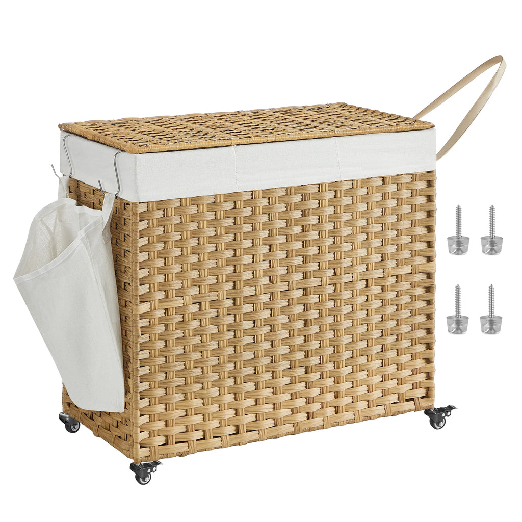 SONGMICS Laundry Hamper with Lid, 42.3 Gallons (160 L), Rolling Laundry Basket with Wheels, 3-Section Synthetic Rattan, Removabl