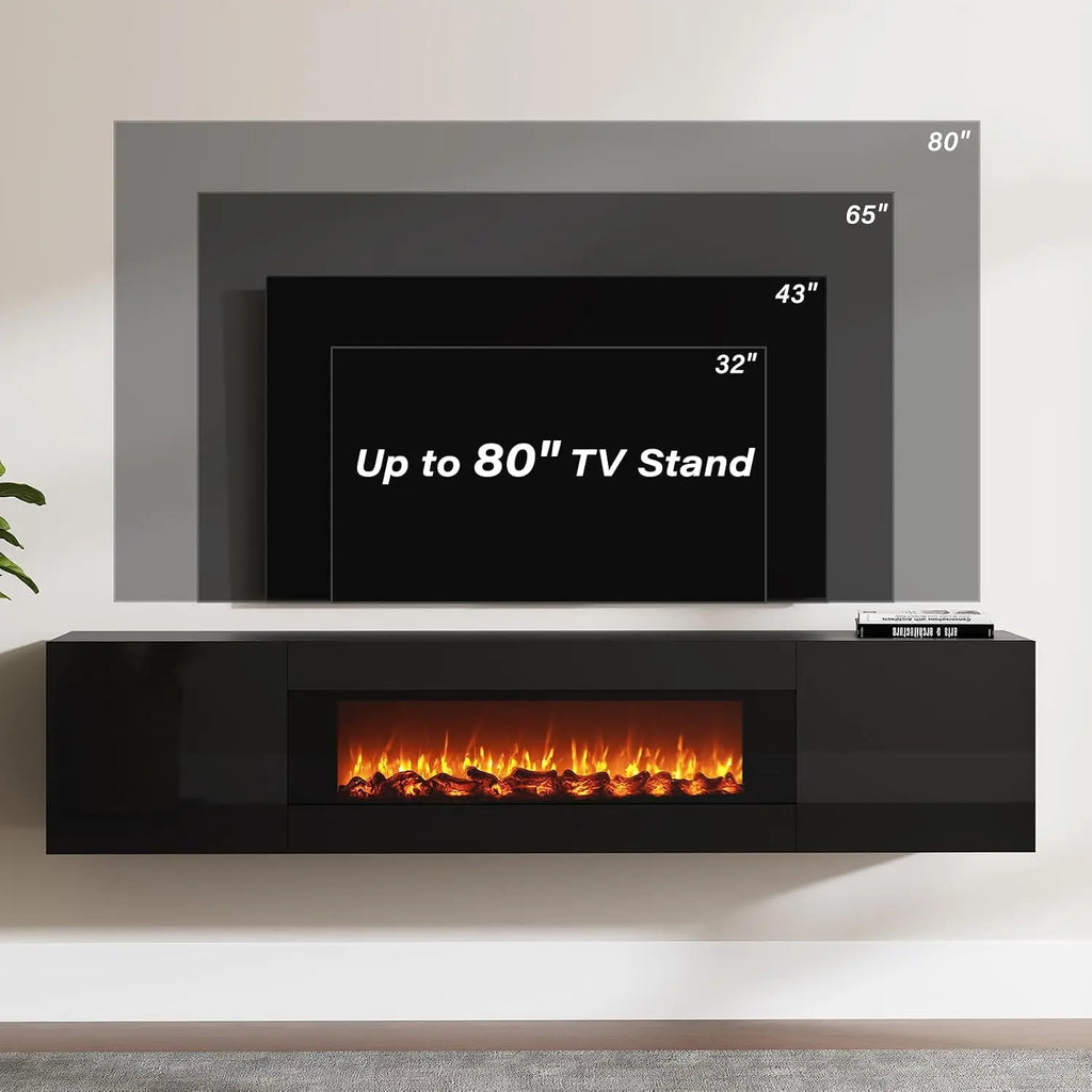70" Floating TV Stand With Faux Fireplace & Storage For 80" TV, Wall Mounted