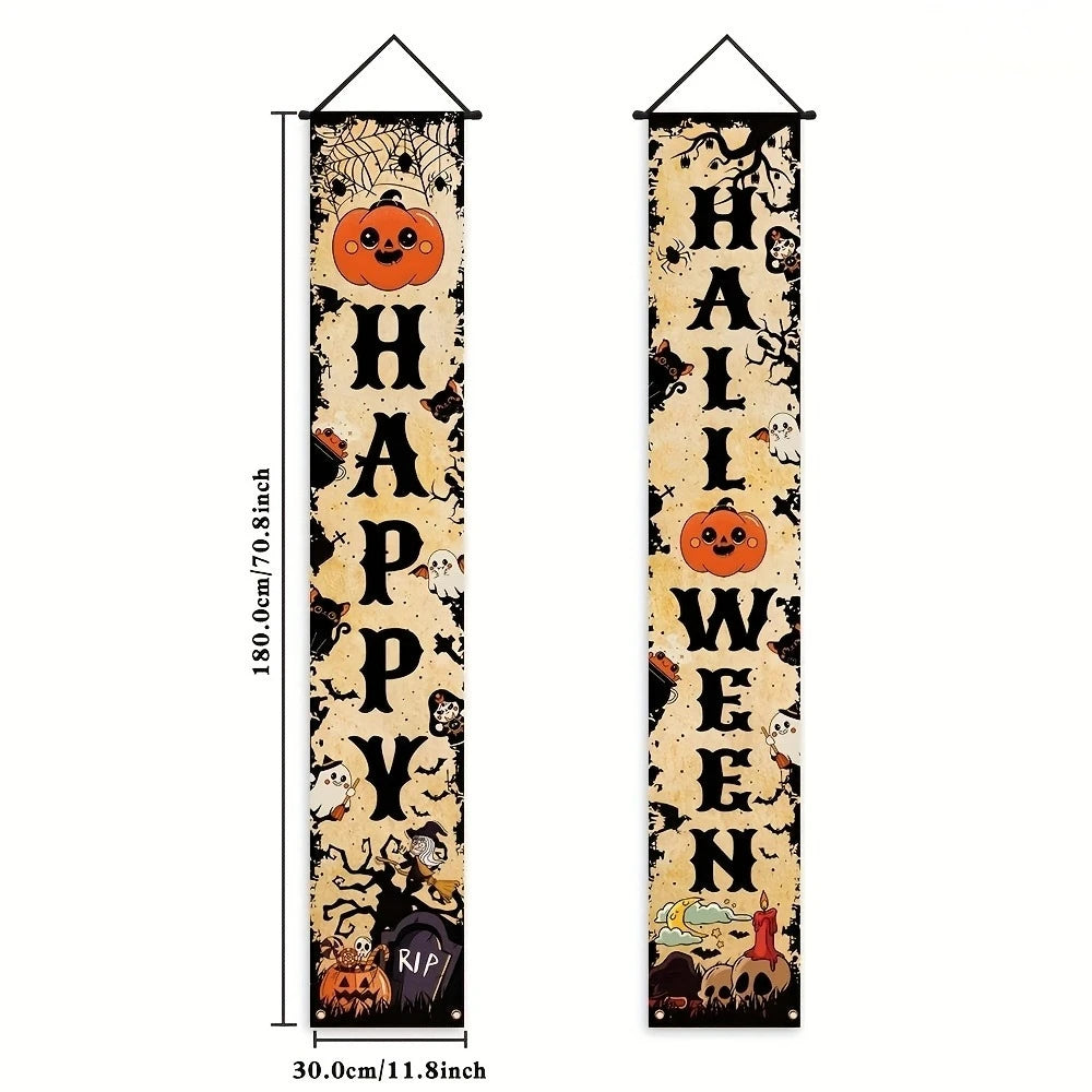 Vintage Happy Halloween Banner Pumpkin Ghost Spider Witch Door Hanging Sign Indoor Yard Front Door Party Photo Booth Decor