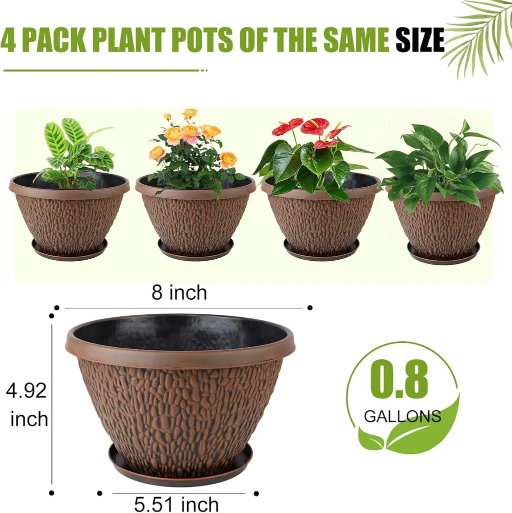 4 Pack 8 Inch Plant Pots with Drainage Holes & Trays,