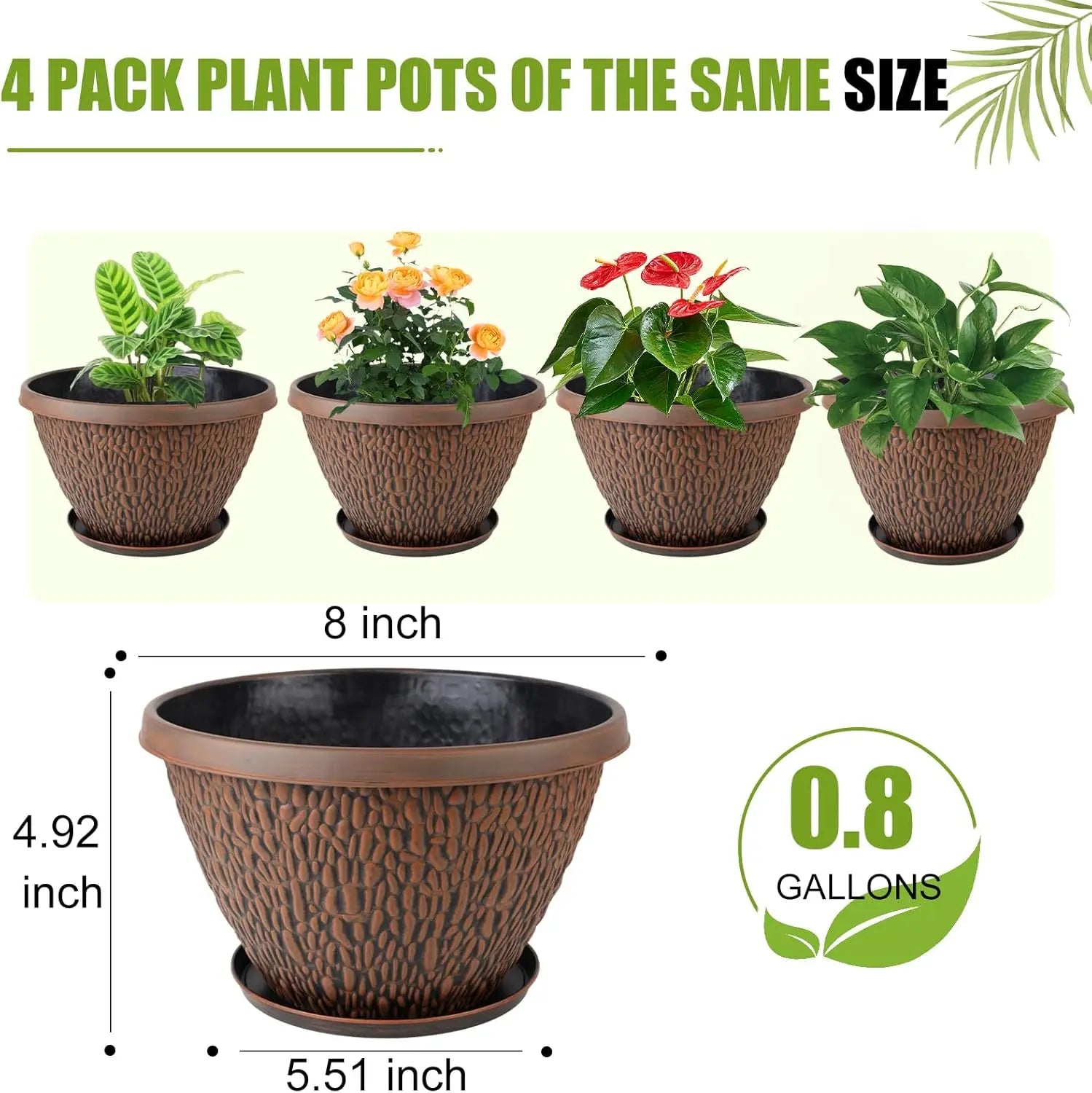 4 Pack 8 Inch Plant Pots with Drainage Holes & Trays,