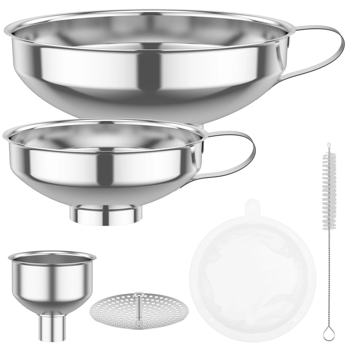 3/6 Pcs Stainless Steel Wide Mouth Funnel with Strainer and Handle