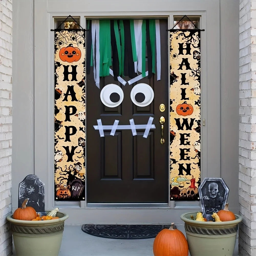 Vintage Happy Halloween Banner Pumpkin Ghost Spider Witch Door Hanging Sign Indoor Yard Front Door Party Photo Booth Decor
