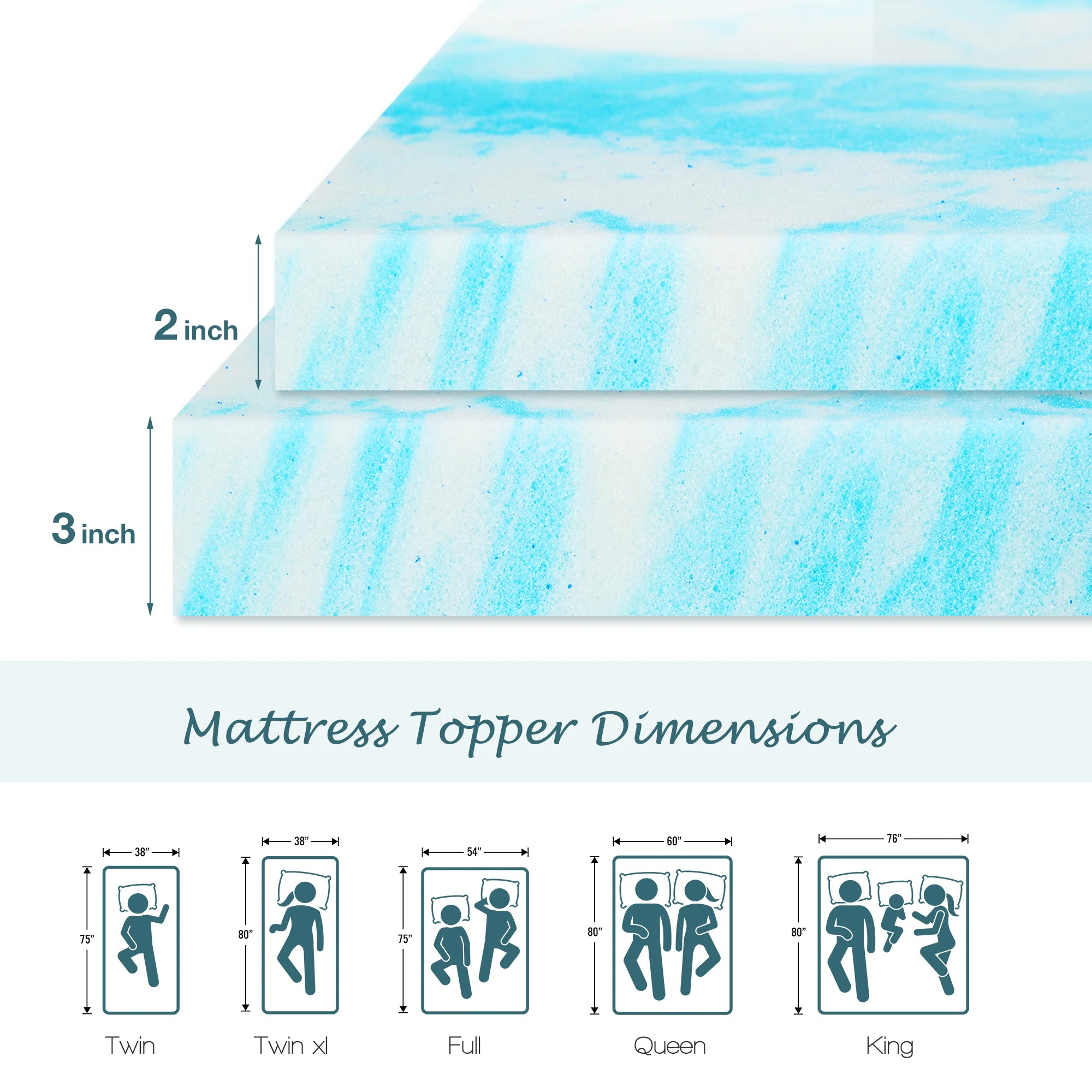 JHK 2-4 Inch Memory Foam Soft Mattress Topper Thick Gel Cooling Mattress Soft and Breathable Bed Topper