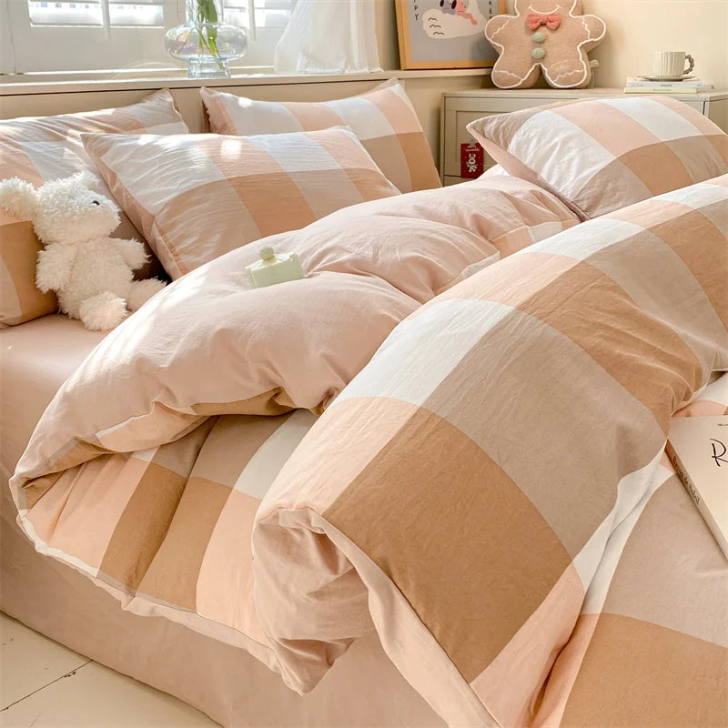 3/4 PcsCheckered Bedding Set Simple Style Soft Skin Friendly