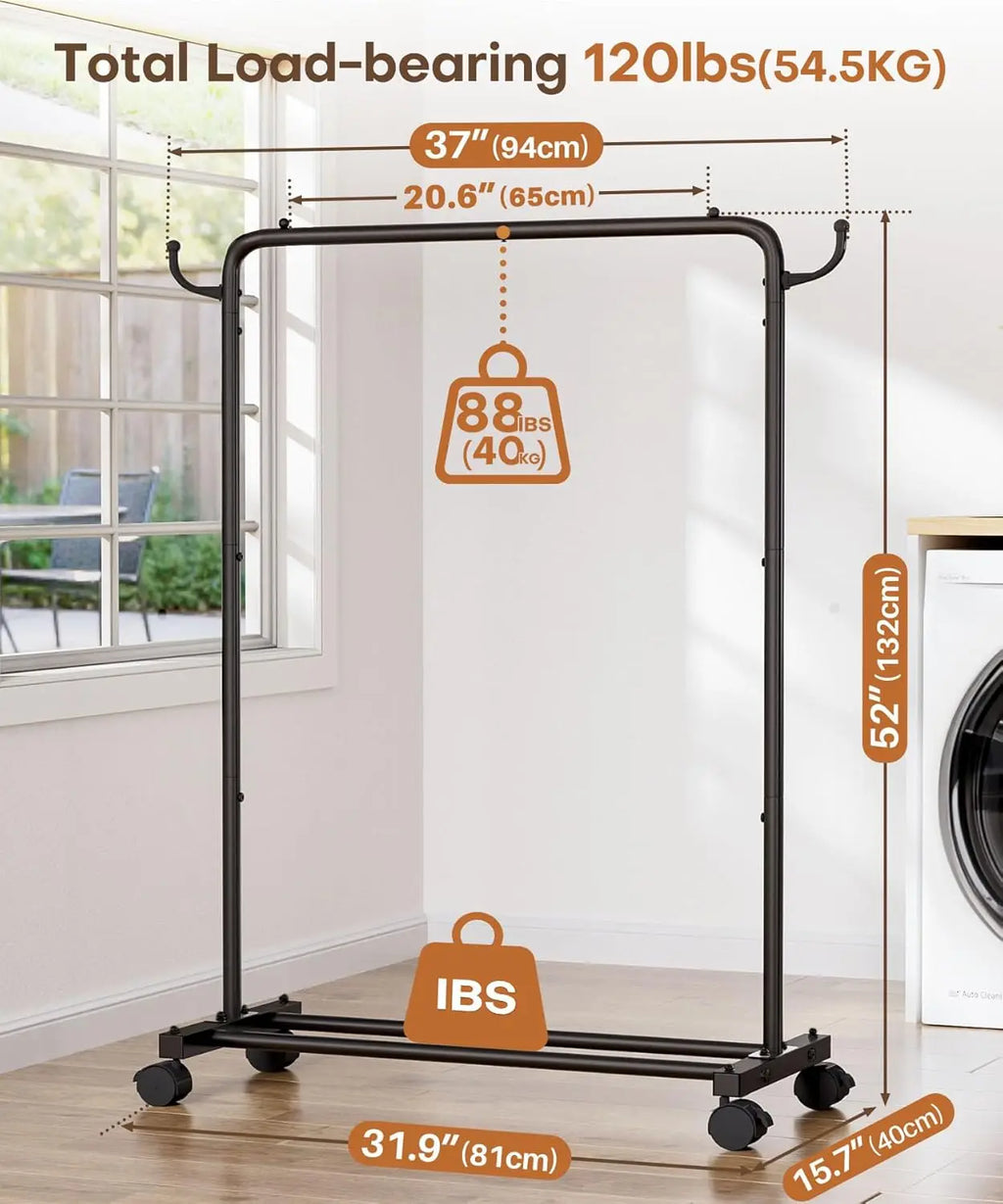 Portable Rolling Clothes Rack with Hooks: Garment Storage for Bedroom, Laundry Room