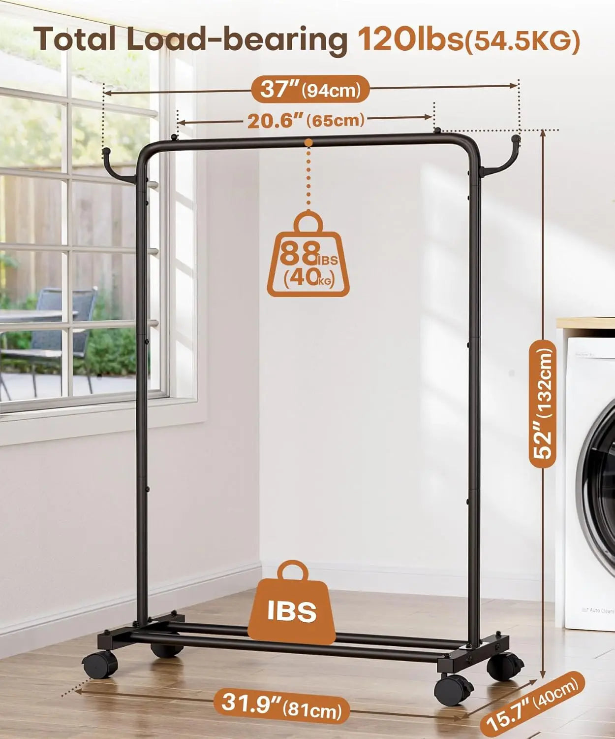 Portable Rolling Clothes Rack with Hooks: Garment Storage for Bedroom, Laundry Room