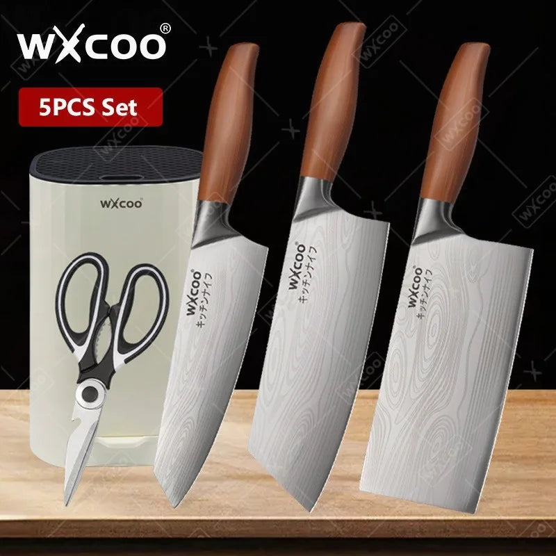 WXCOO Stainless Steel Chef Knife Laser Damascus Pattern Slicing Scissors Cleaver Fruit Knife Holder Household Kitchen Knife
