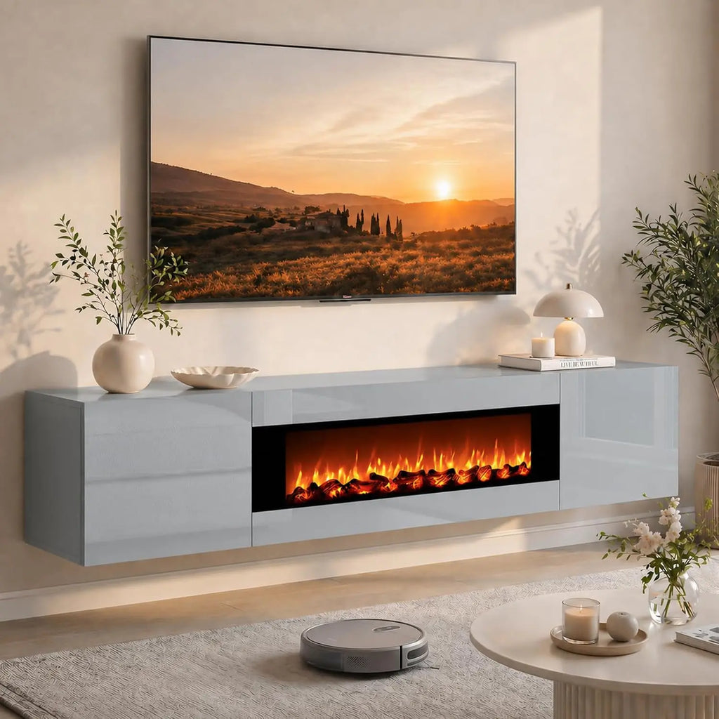 70" Floating TV Stand With Faux Fireplace & Storage For 80" TV, Wall Mounted