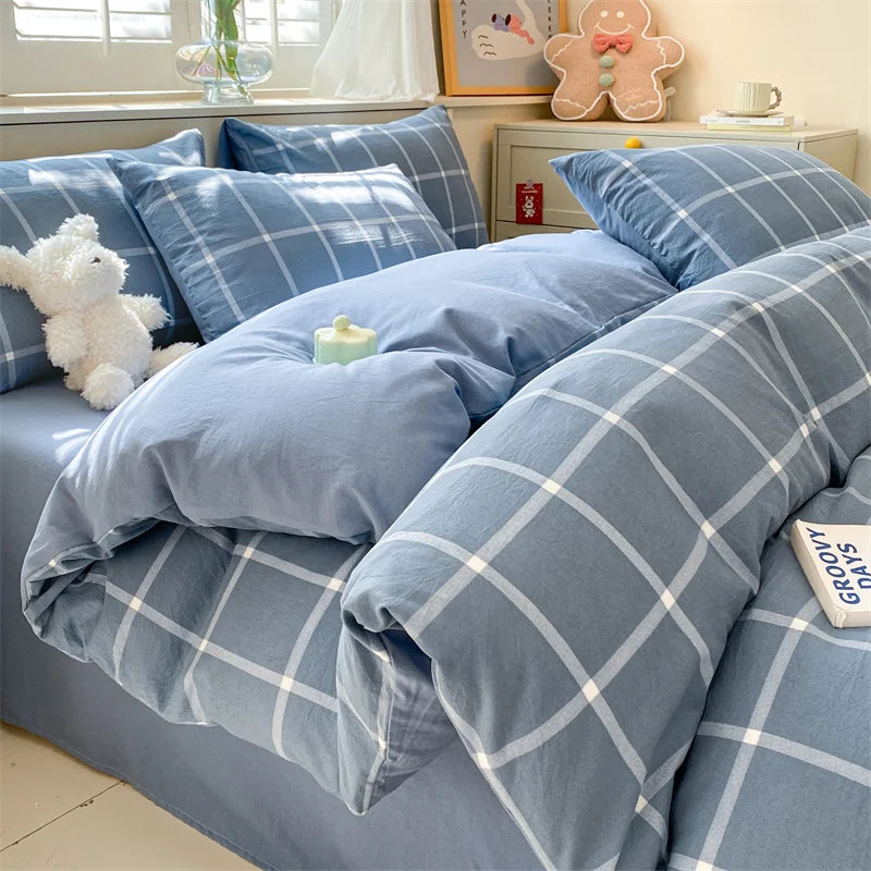 3/4 PcsCheckered Bedding Set Simple Style Soft Skin Friendly