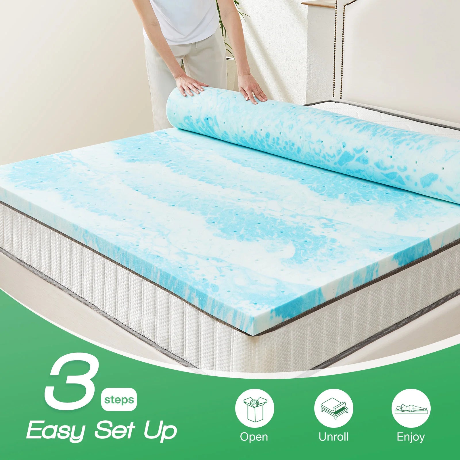 JHK 2-4 Inch Memory Foam Soft Mattress Topper Thick Gel Cooling Mattress Soft and Breathable Bed Topper