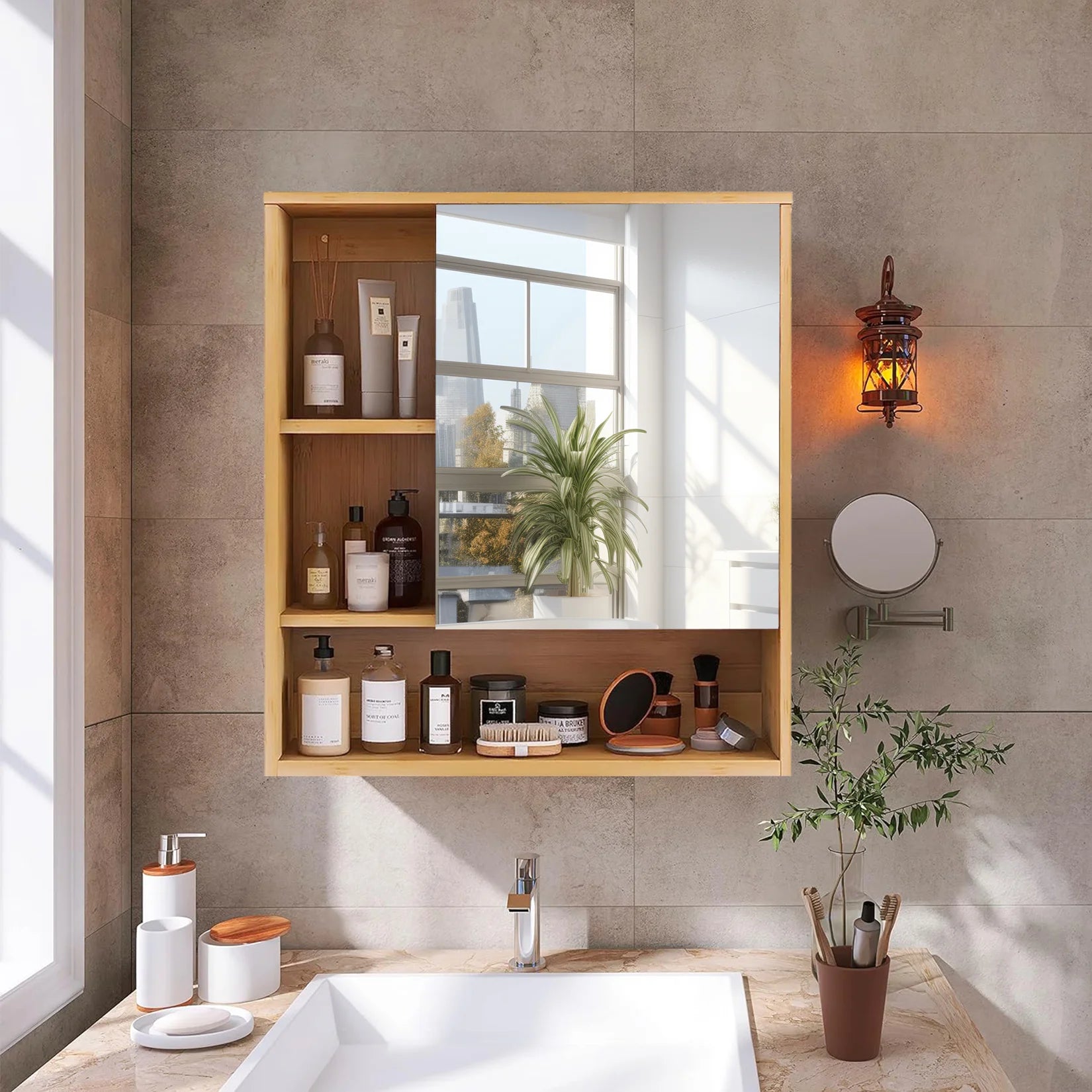 Wall Medicine Cabinet  Natural Bamboo Bathroom Vanity Mirror 5 Open Storage Shelf