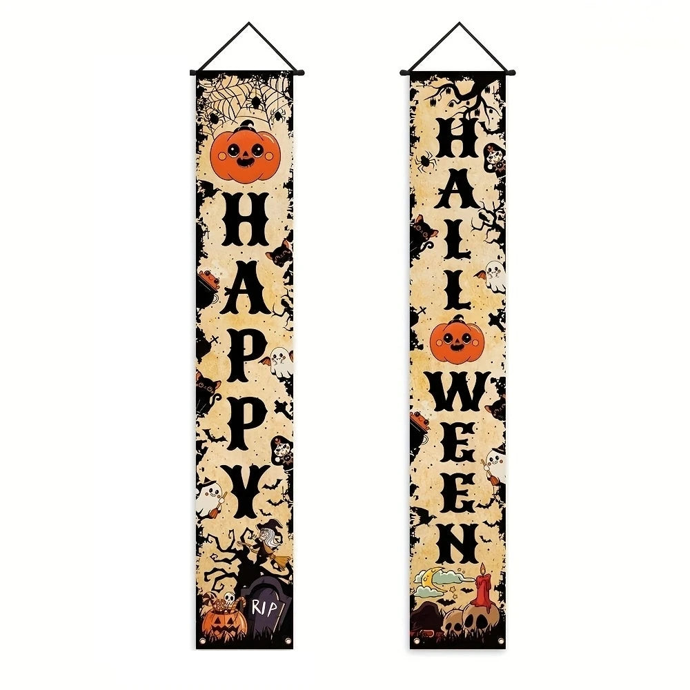 Vintage Happy Halloween Banner Pumpkin Ghost Spider Witch Door Hanging Sign Indoor Yard Front Door Party Photo Booth Decor