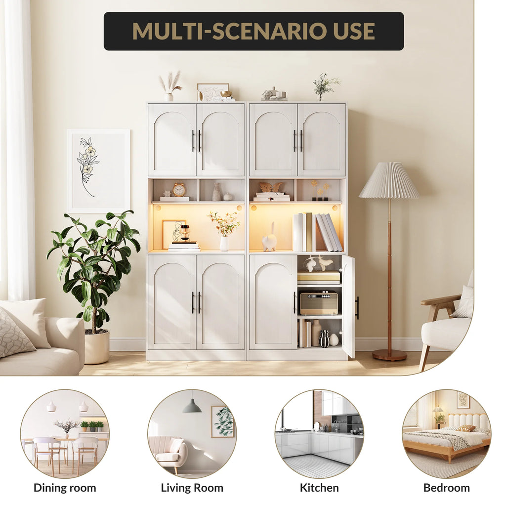 Kitchen Pantry Cabinet with LED Light, Microwave Stand, Farmhouse Large Wood Storage