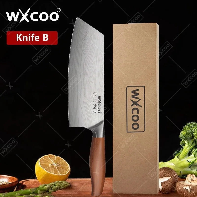 WXCOO Stainless Steel Chef Knife Laser Damascus Pattern Slicing Scissors Cleaver Fruit Knife Holder Household Kitchen Knife
