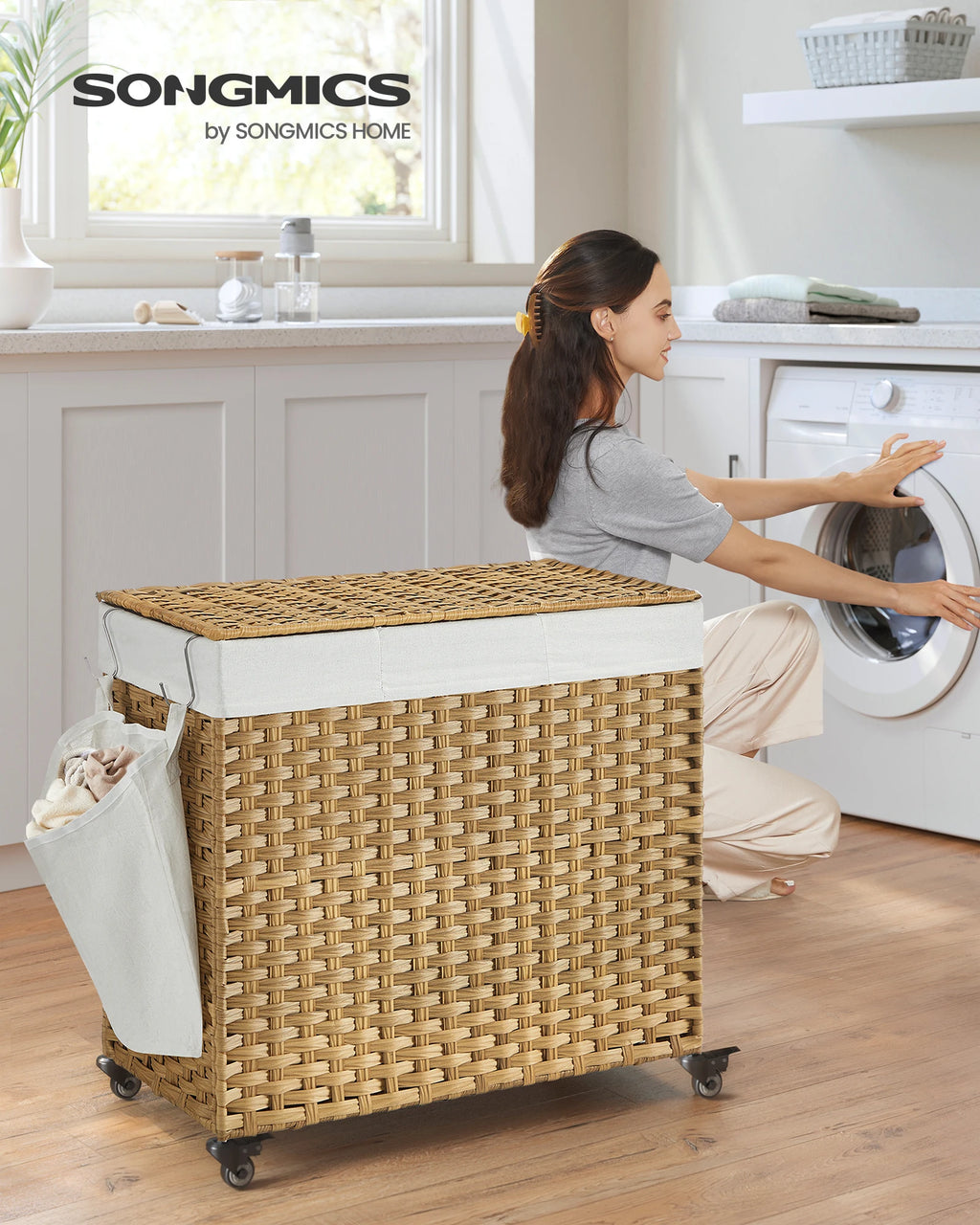 SONGMICS Laundry Hamper with Lid, 42.3 Gallons (160 L), Rolling Laundry Basket with Wheels, 3-Section Synthetic Rattan, Removabl