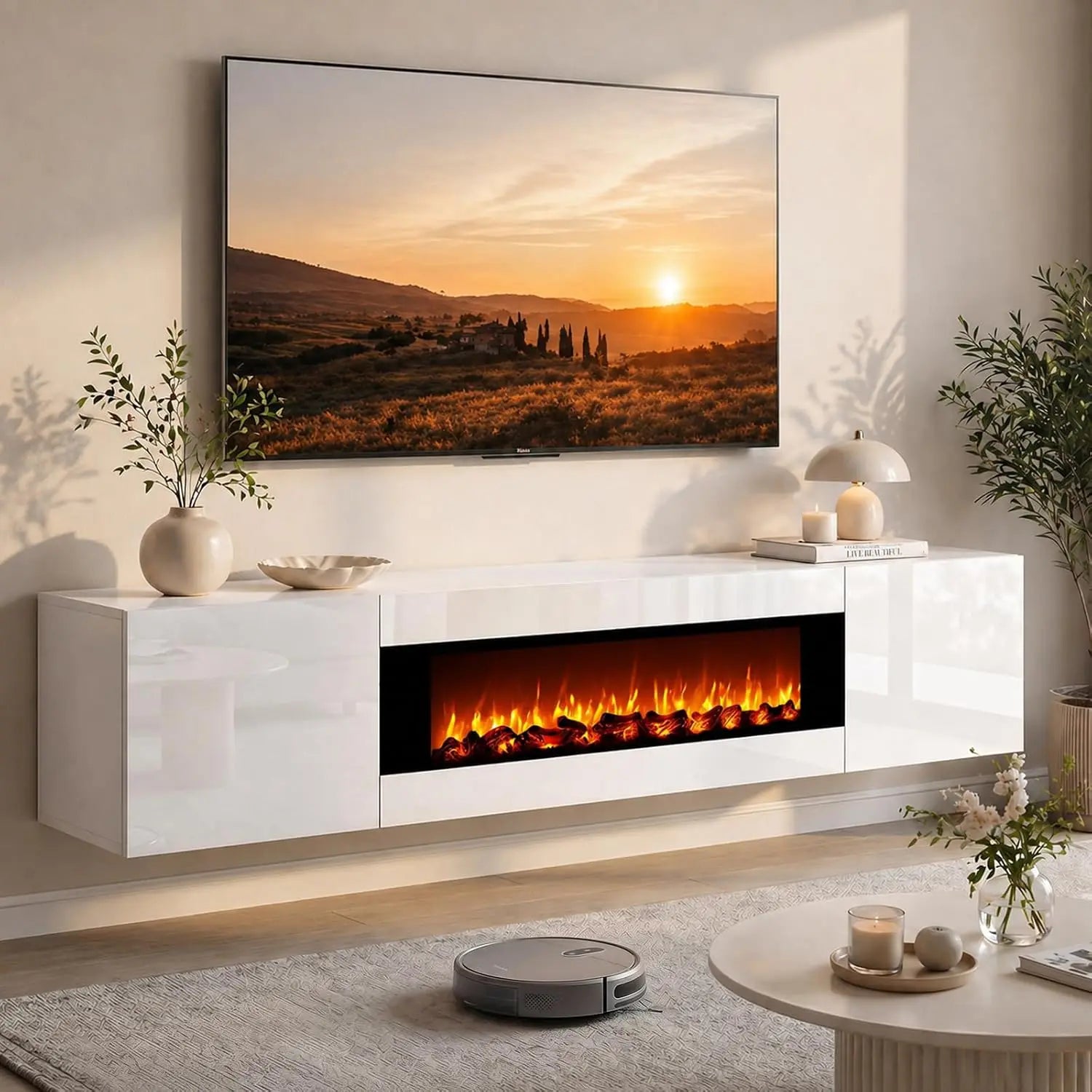 70" Floating TV Stand With Faux Fireplace & Storage For 80" TV, Wall Mounted
