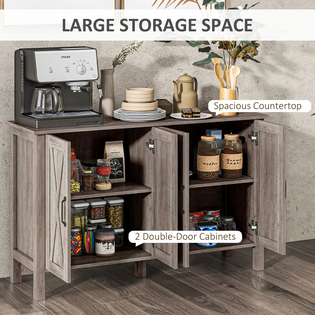 Buffet Cabinet, 47" Sideboard with 4 Barn Doors and 2 Adjustable Shelves