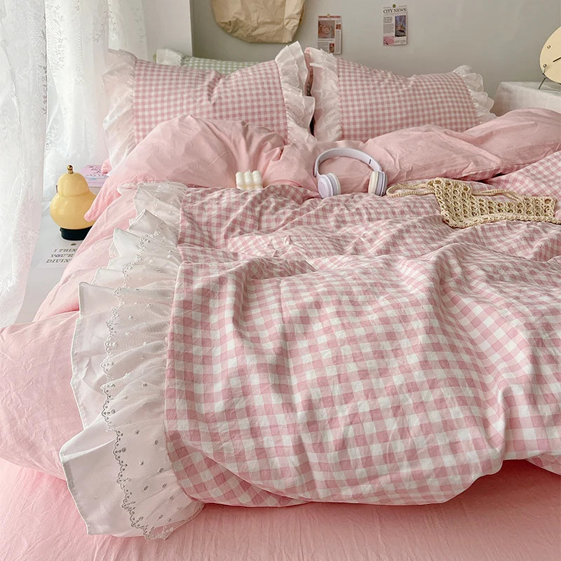 3 Piece Sheet Set  pink plaid duvet cover Set ， comfortable Bedding Set Bedspread for All Season