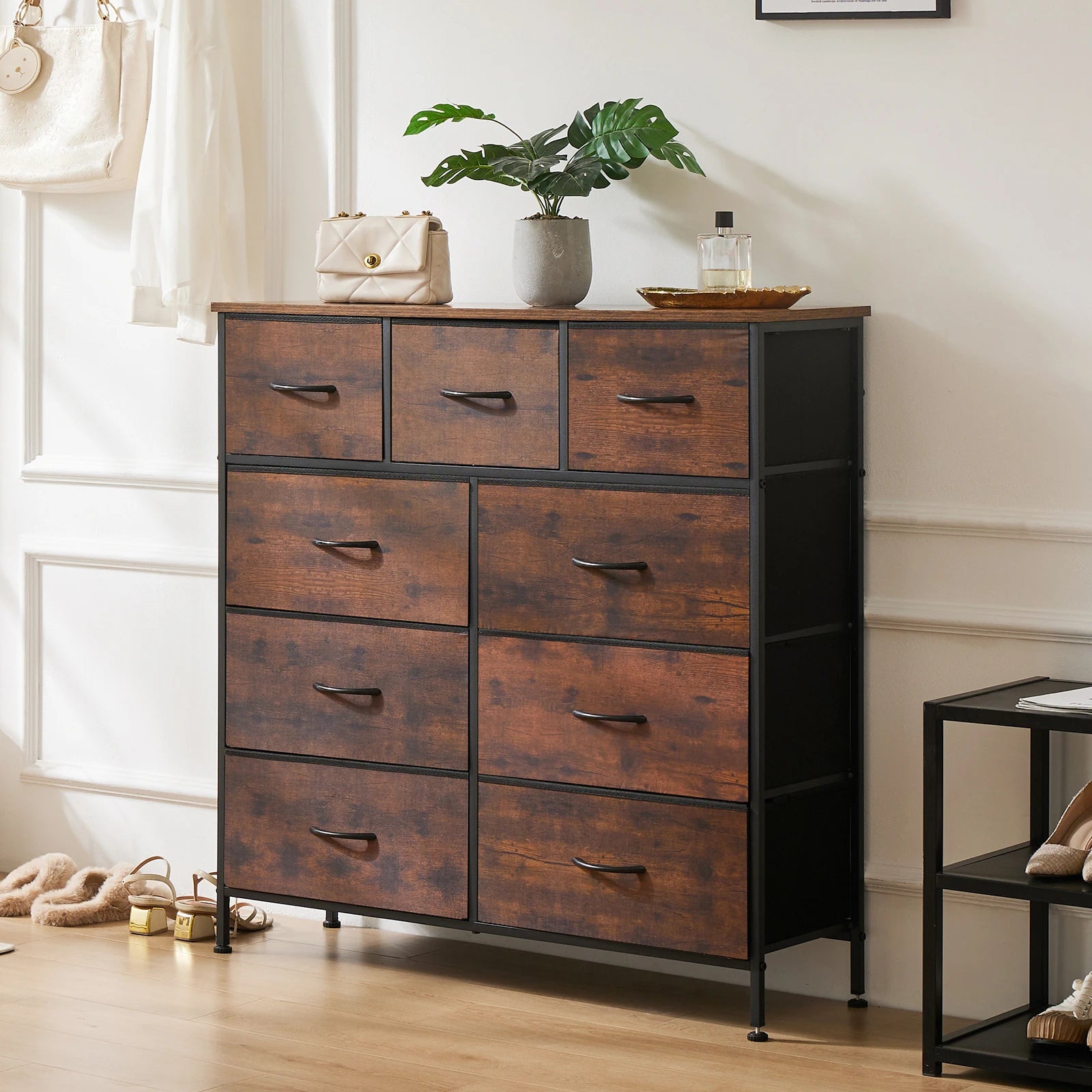 JHK Dresser For Bedroom With 9 Fabric Storage Drawer  Tall Chest Organizer