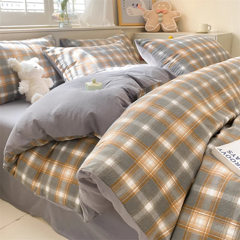 3/4 PcsCheckered Bedding Set Simple Style Soft Skin Friendly