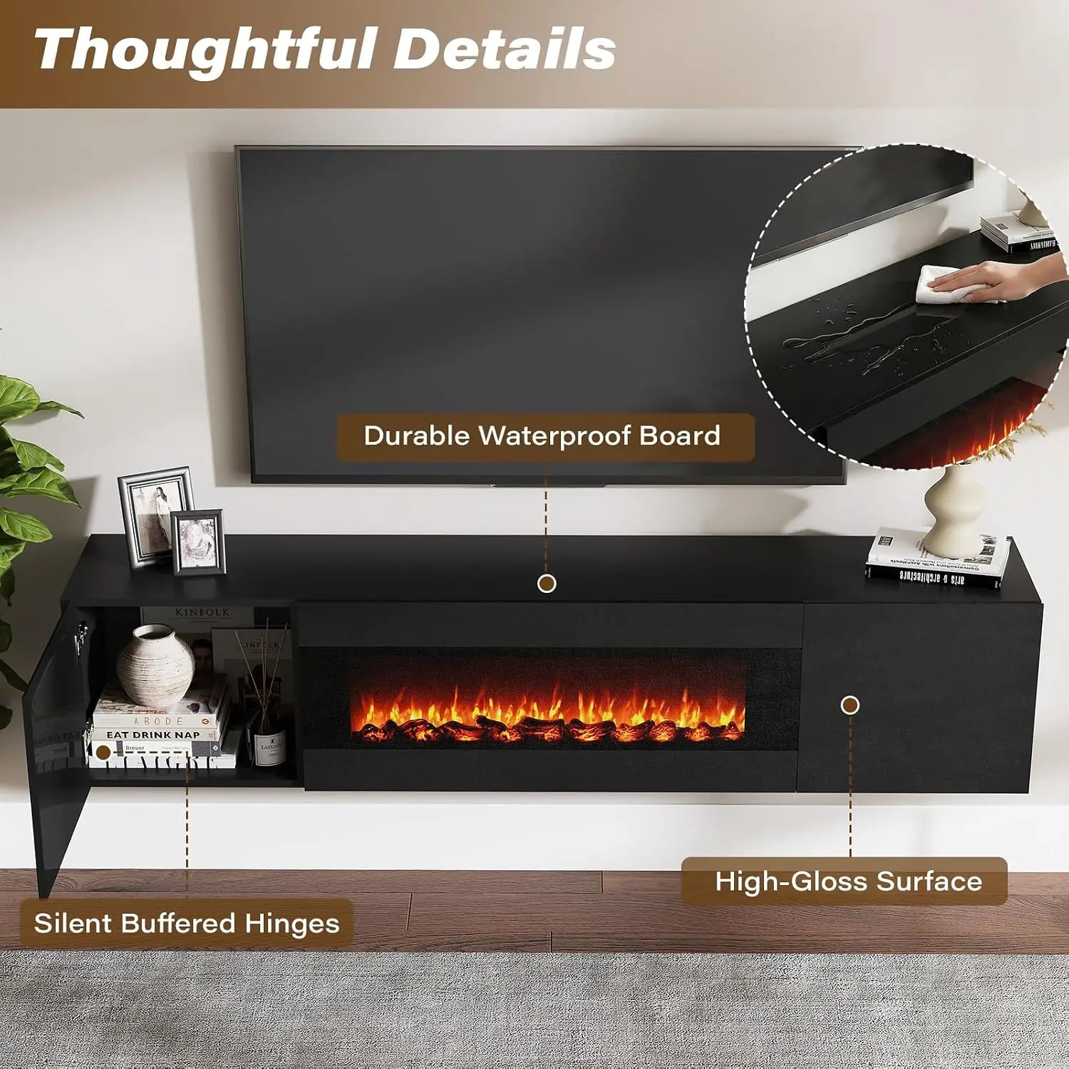 70" Floating TV Stand With Faux Fireplace & Storage For 80" TV, Wall Mounted