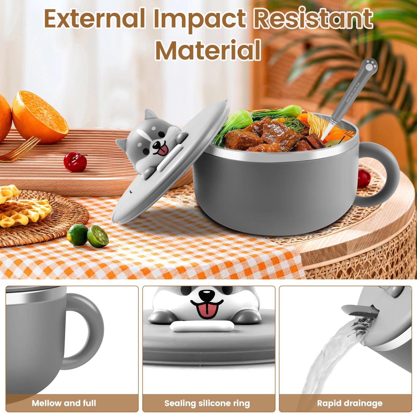 1200ml Ramen Bowl With Lid Stainless Steel Instant Noodle Cooker