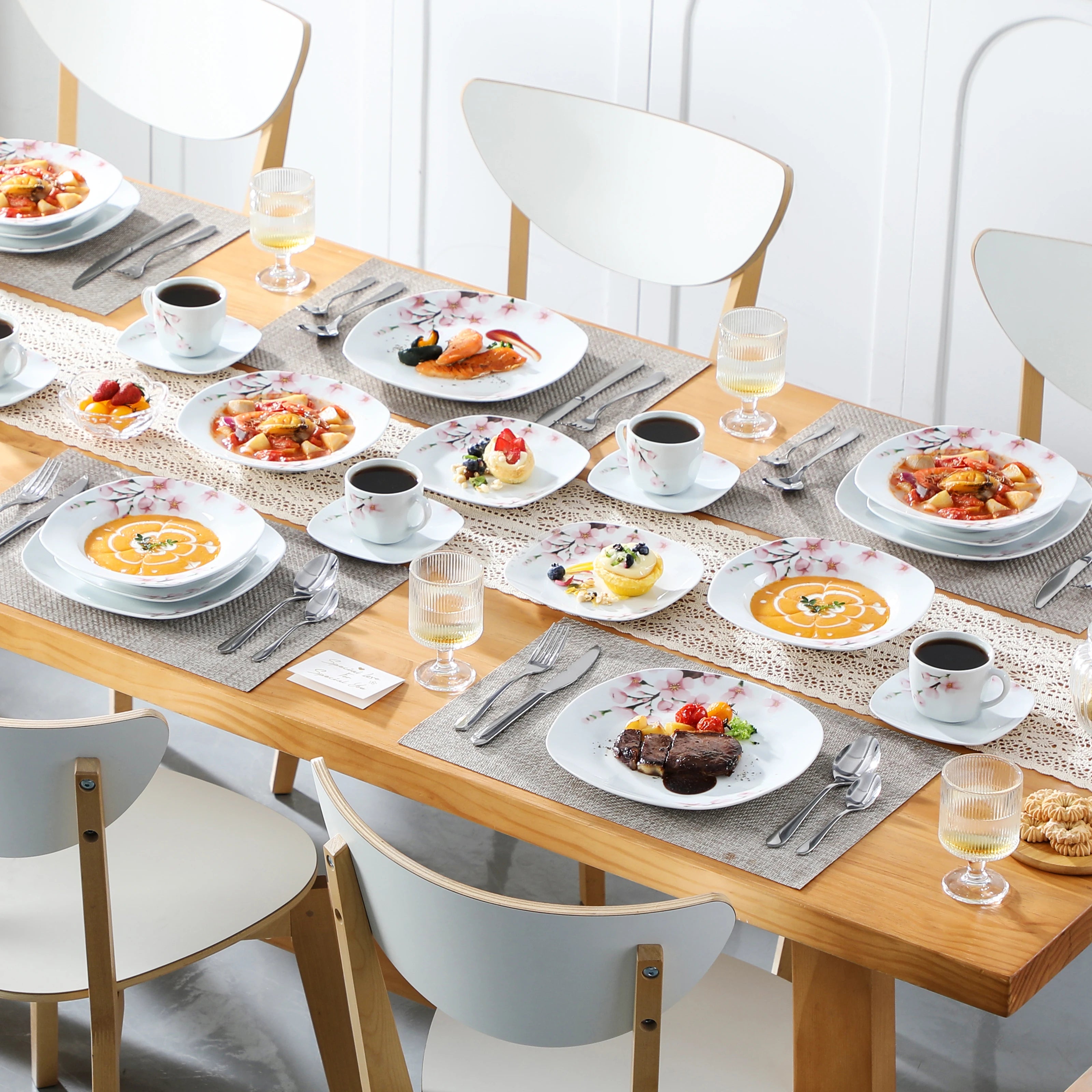 VEWEET ANNIE 30/24/20 Pcs Porcelain Dinnerware Set Pink Floral with Dinner Plate/Dessert/Soup/Cup/Saucer