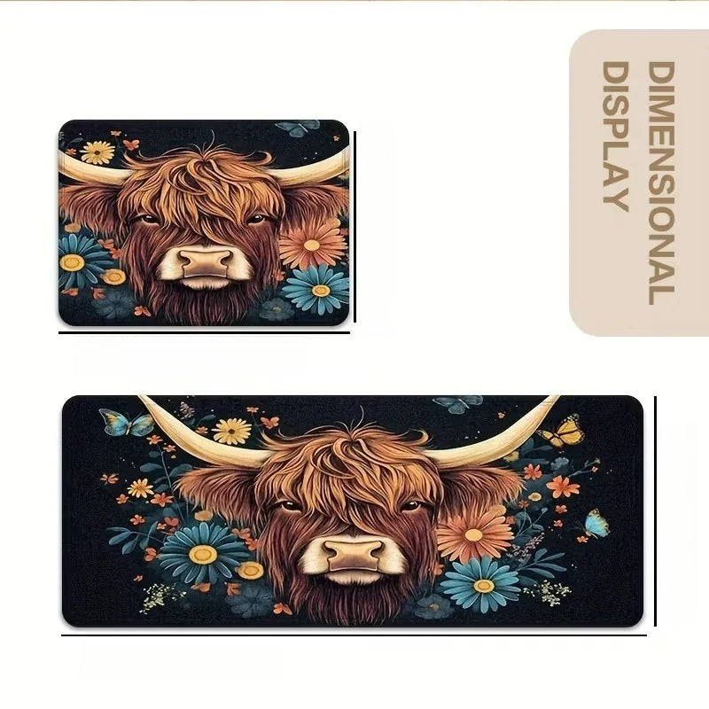 Highland Cow and Butterfly Floral Print Kitchen Mat Set, Suitable for Home Use Ideal for Entryway, Laundry Room, Spring Summer