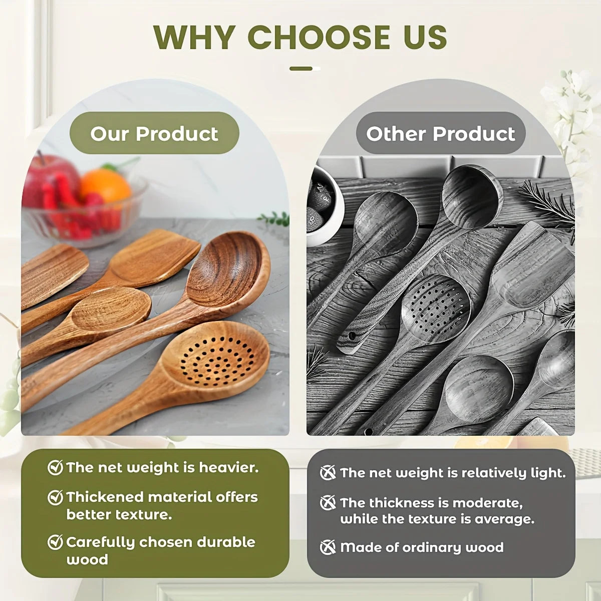 5-Piece Premium Bamboo Utensil Set, Natural Wooden Spoons&Spatula for Non-Stick Cookware, Ergonomic&Heat Resistant, Eco-Friendly