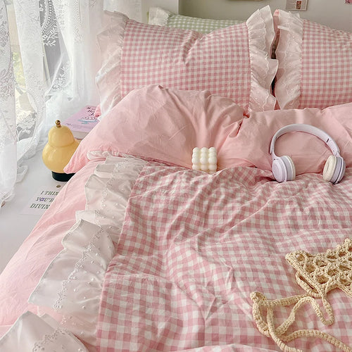 3 Piece Sheet Set  pink plaid duvet cover Set ， comfortable Bedding Set Bedspread for All Season