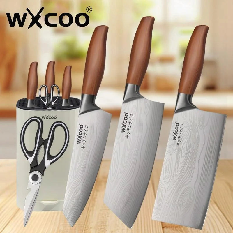 WXCOO Stainless Steel Chef Knife Laser Damascus Pattern Slicing Scissors Cleaver Fruit Knife Holder Household Kitchen Knife