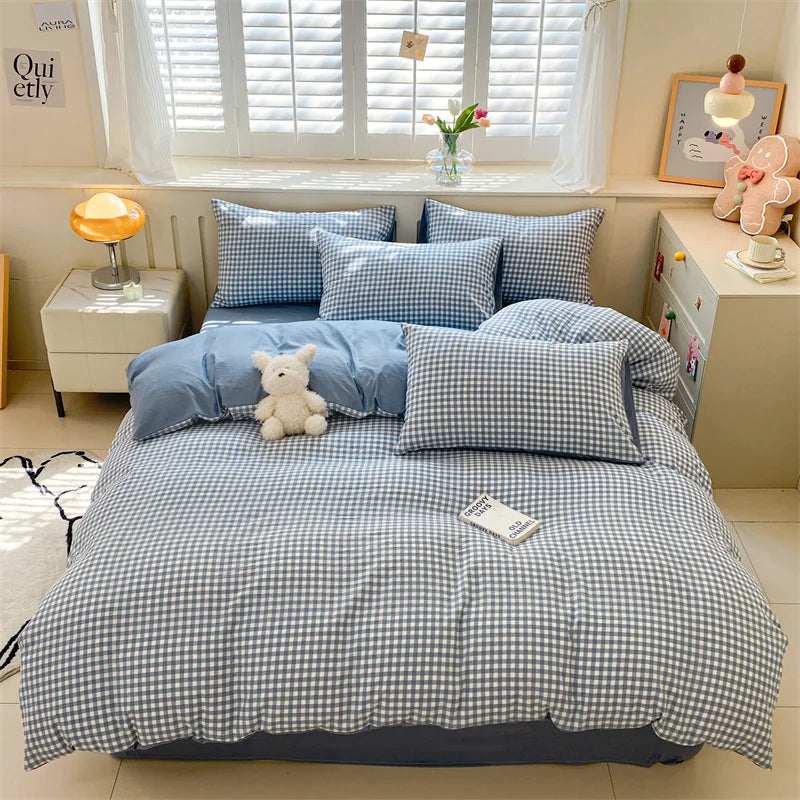 3/4 PcsCheckered Bedding Set Simple Style Soft Skin Friendly